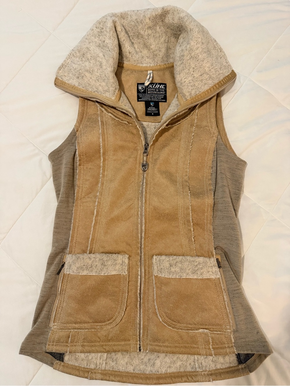 Kuhl Born In The Mountains Women's Tan Sleeveless Vest with Fleece Trim
